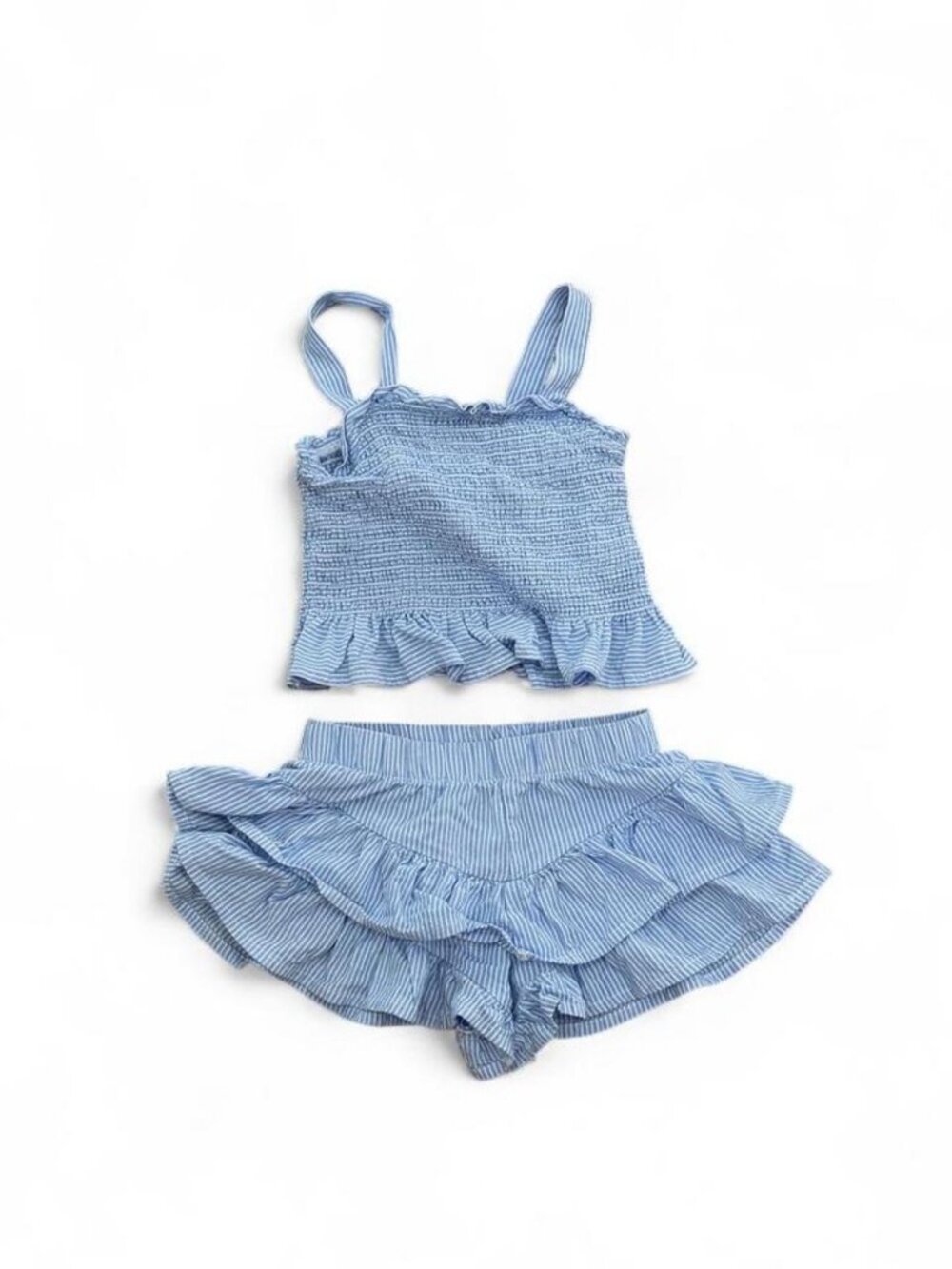 Blue White Striped Ruffled Baby Short Set (Twins 12M)